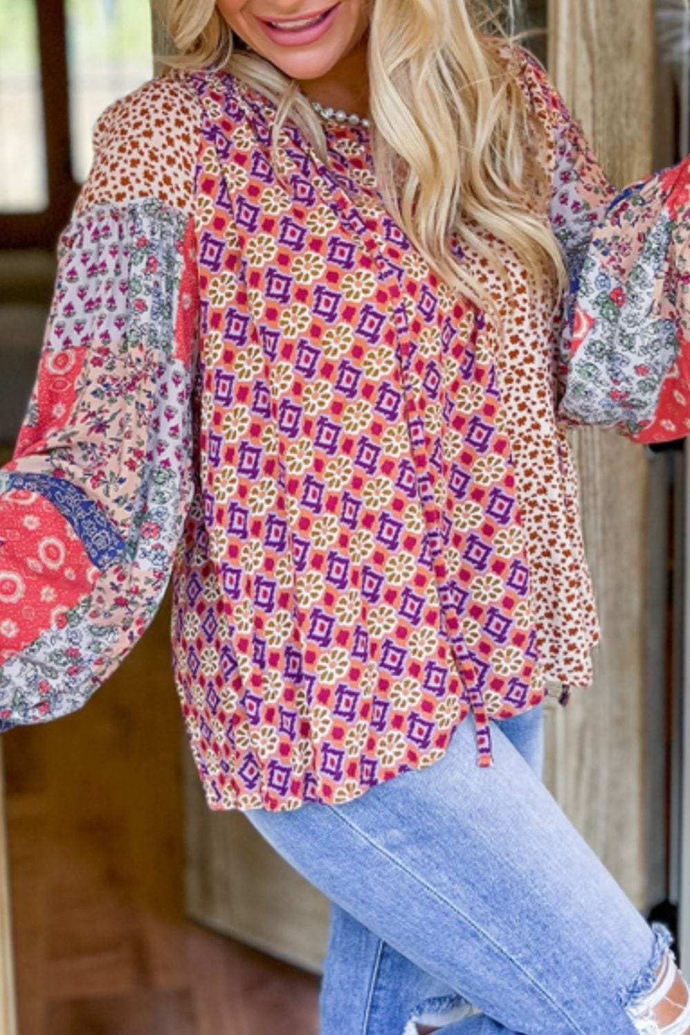 Printed Tie Neck Long Sleeve Blouse - Trendsi - Flyclothing LLC
