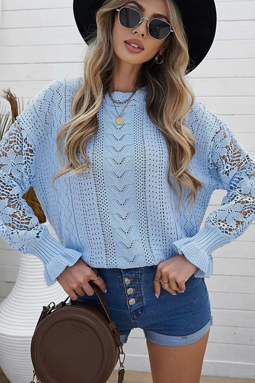 Openwork Round Neck Long Sleeve Sweater - Trendsi - Flyclothing LLC
