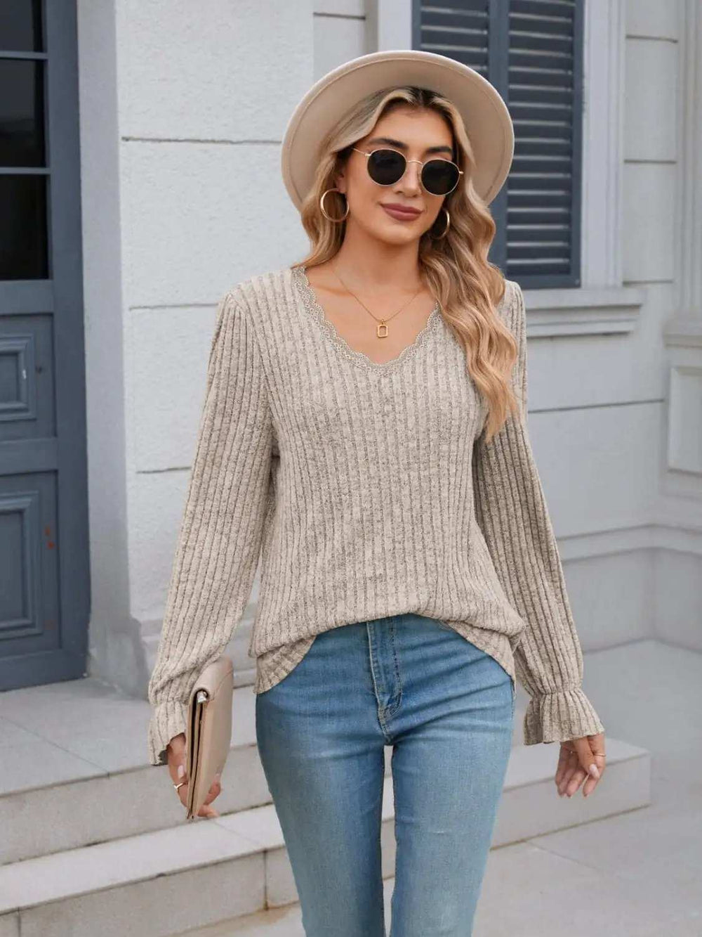 Lace Detail V-Neck Long Sleeve T-Shirt - Trendsi - Flyclothing LLC