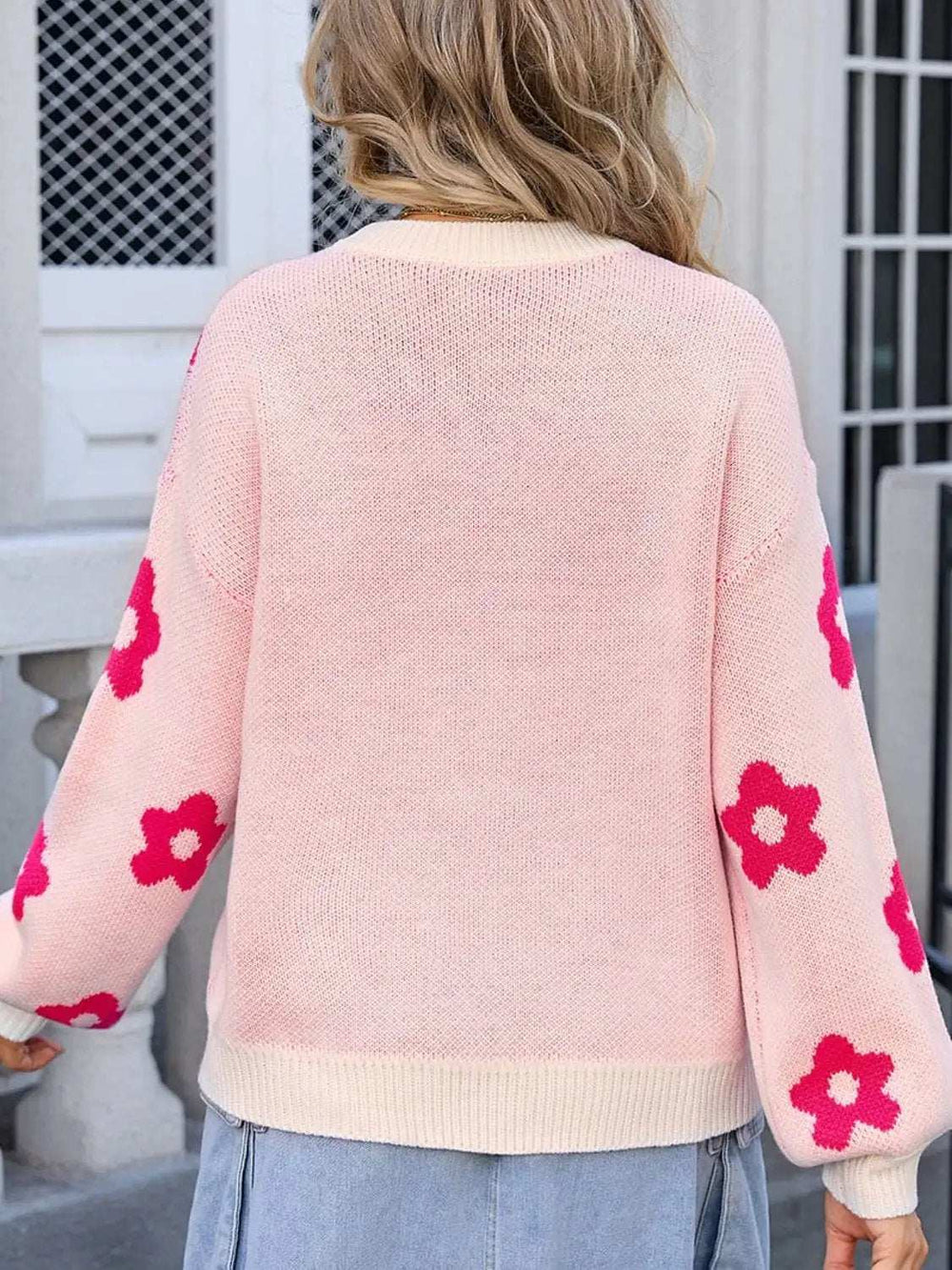 Flower Round Neck Dropped Shoulder Sweater - Trendsi - Flyclothing LLC