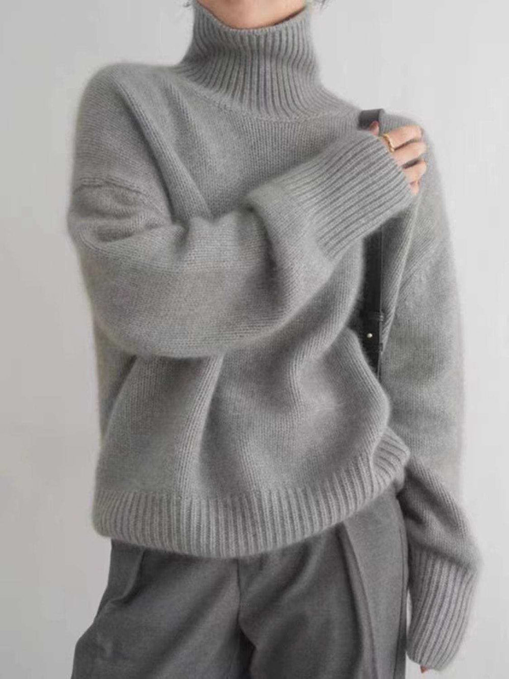 Turtleneck Dropped Shoulder Long Sleeve Sweater - Trendsi - Flyclothing LLC