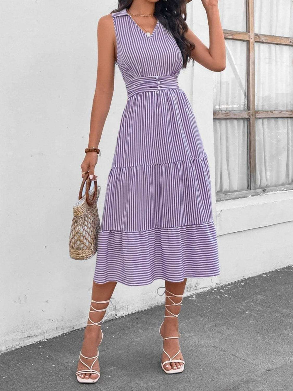 Striped Johnny Collar Sleeveless Midi Dress - Trendsi - Flyclothing LLC