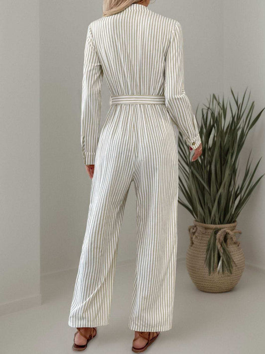 Striped Notched Long Sleeve Tie Waist Jumpsuit - Trendsi - Flyclothing LLC