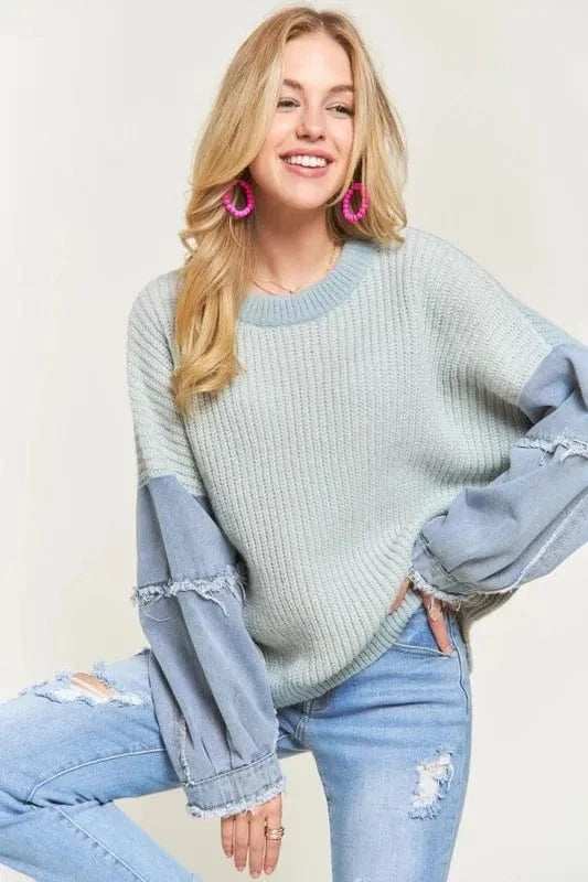 ADORA Plus Size Frayed Denim Sleeve Sweater Top - Trendsi - Flyclothing LLC