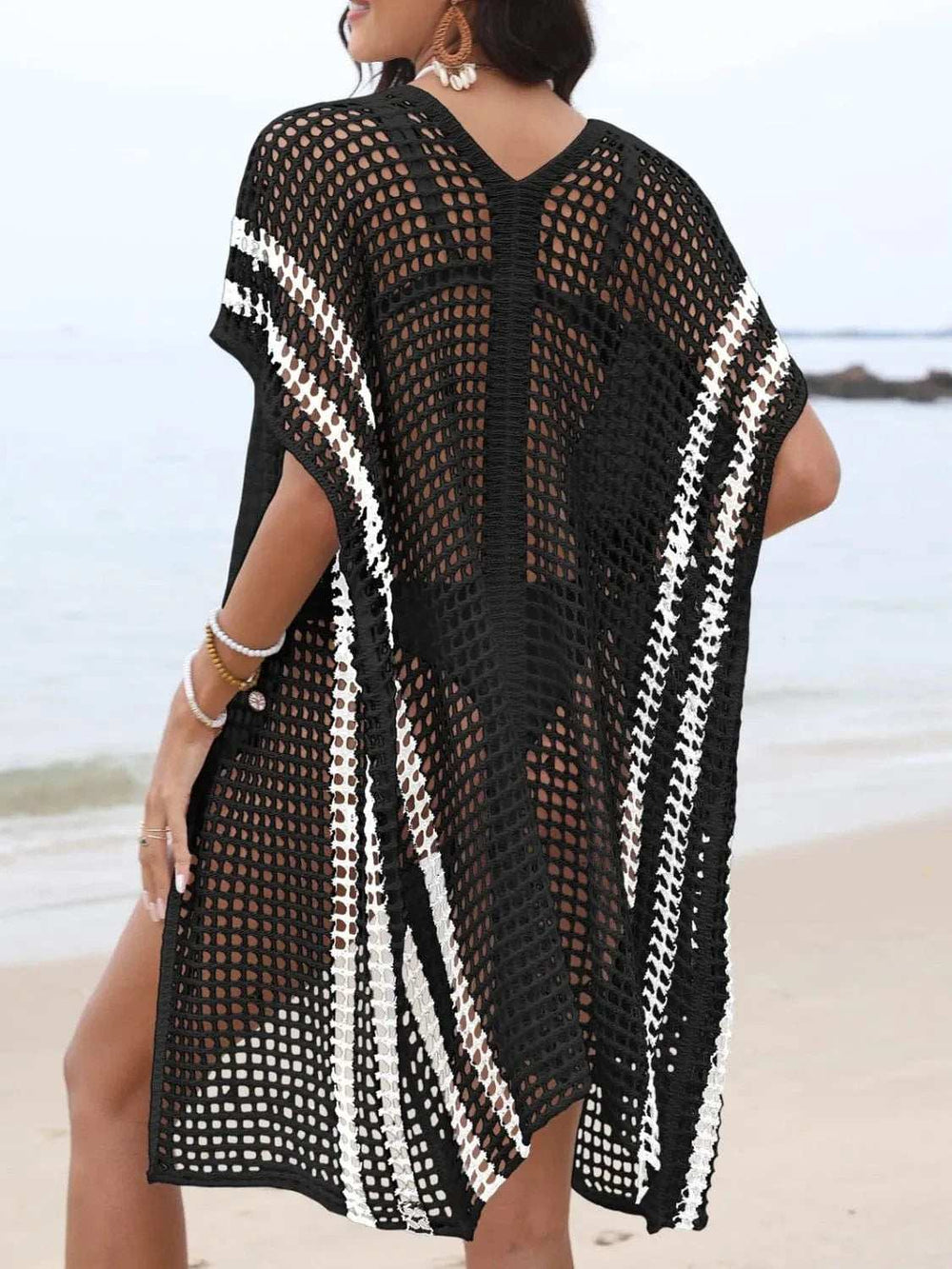 Open Front Contrast Openwork Cover-Up - Trendsi - Flyclothing LLC