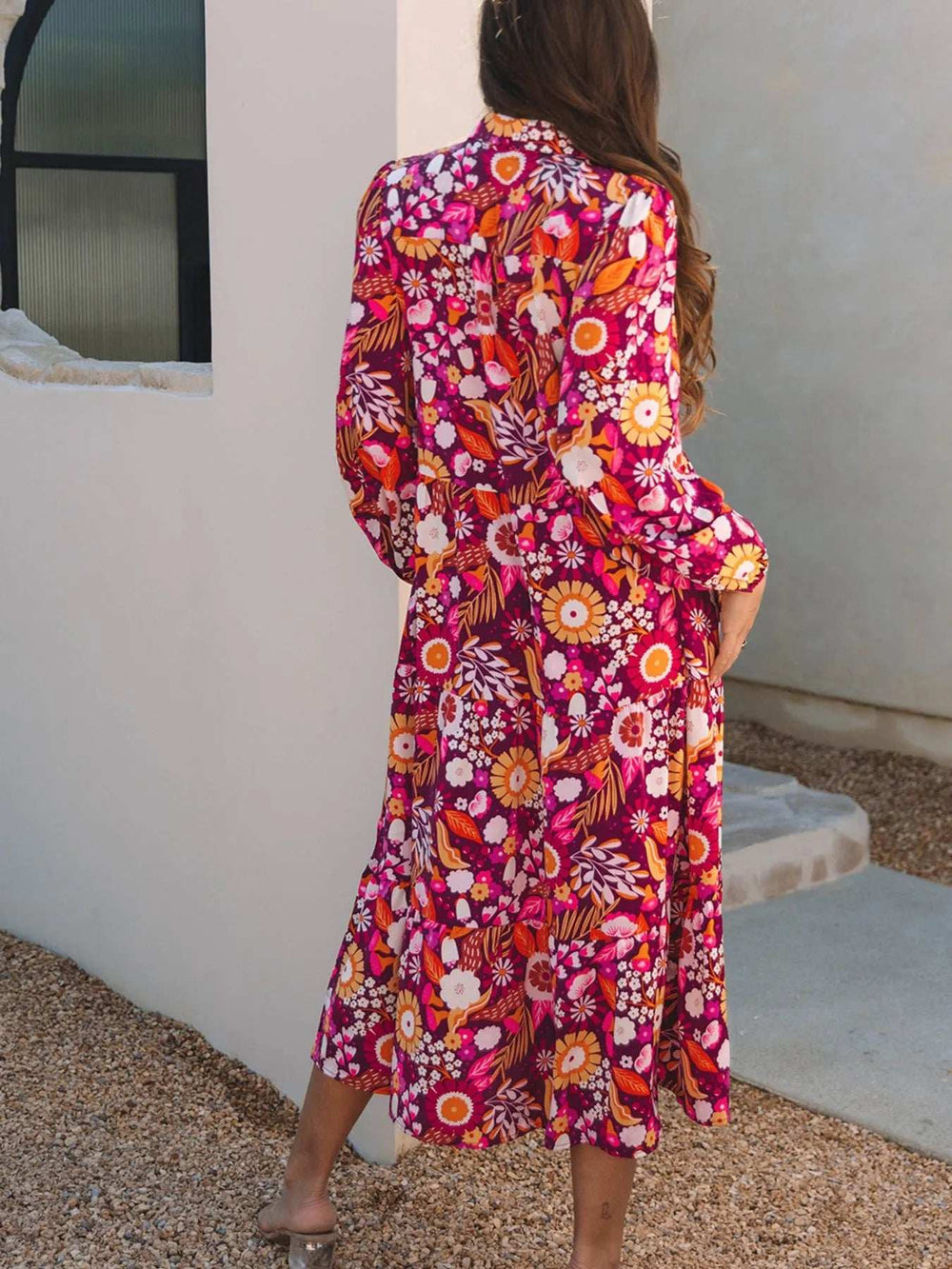 Floral Print Long Sleeve Midi Dress with Pockets - Trendsi - Flyclothing LLC