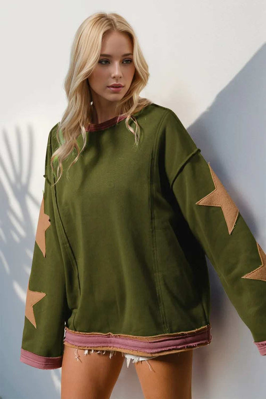 Double Take Star Patched Long Sleeve Sweatshirt - Trendsi - Flyclothing LLC