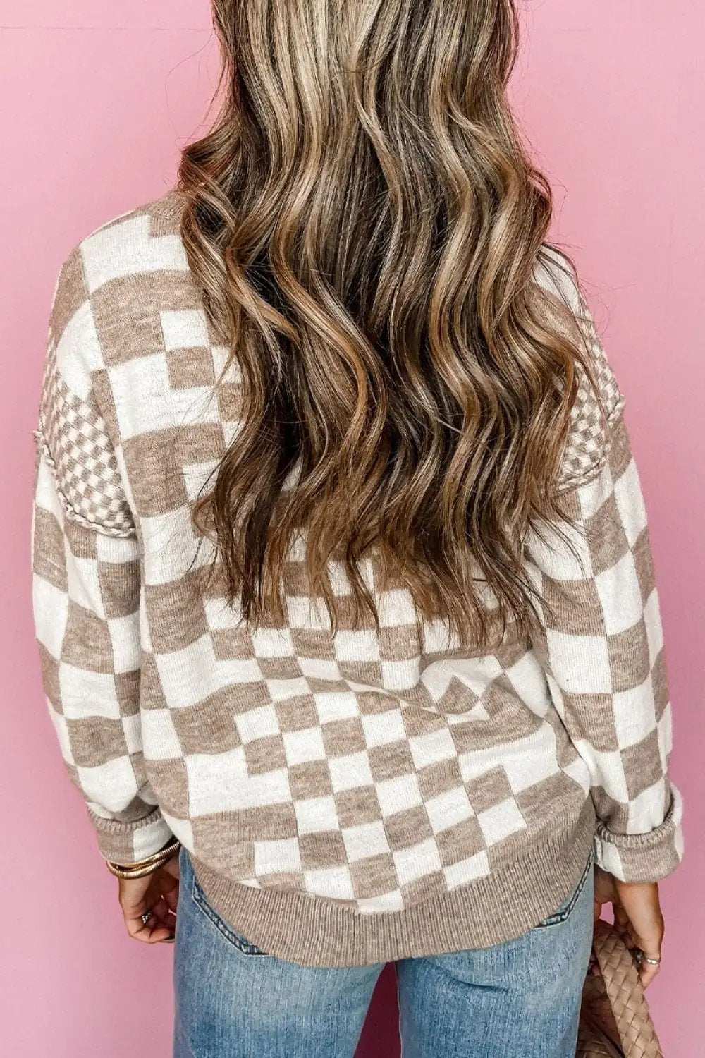 Checkered Round Neck Long Sleeve Sweater - Trendsi - Flyclothing LLC