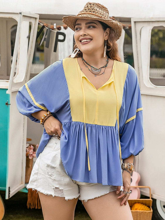 Plus Size Ruched Tie Neck Balloon Sleeve Blouse - Trendsi - Flyclothing LLC