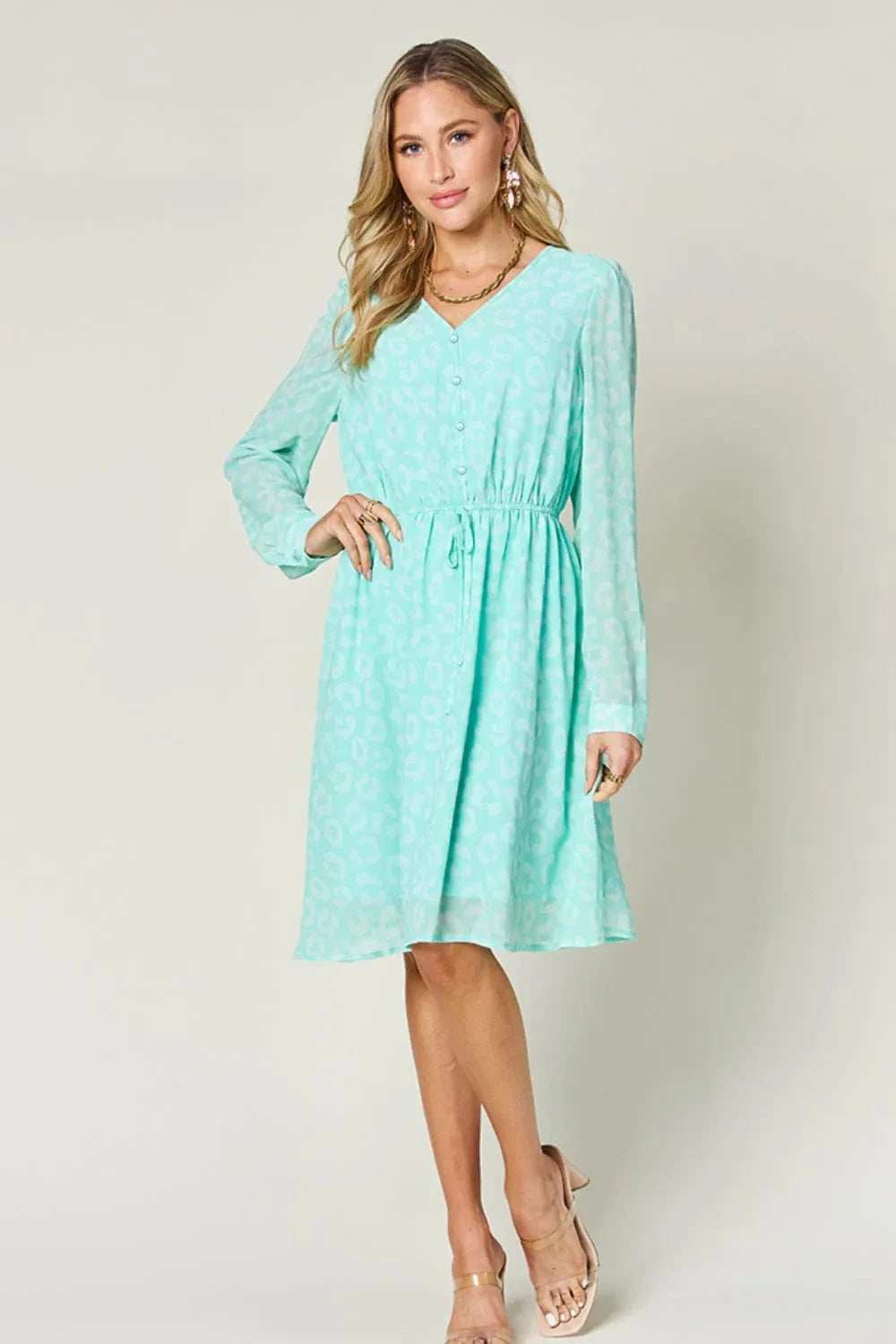 Double Take Full Size Printed Ruched V-Neck Long Sleeve Dress - Trendsi - Flyclothing LLC