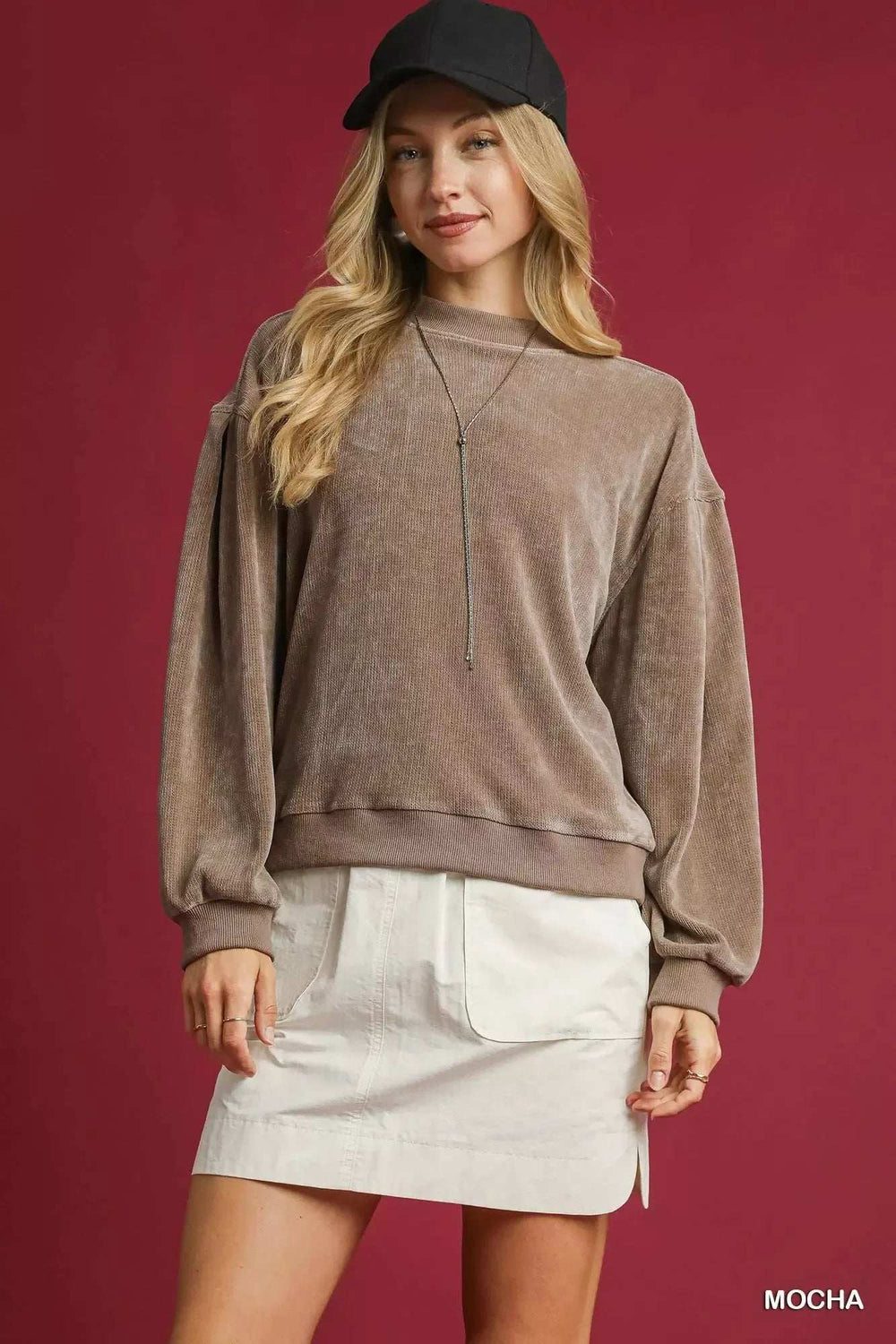Umgee Velour Crewneck Balloon Sleeve Sweatshirt - Trendsi - Flyclothing LLC