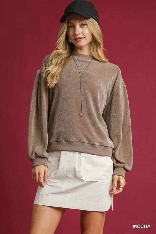 Umgee Velour Crewneck Balloon Sleeve Sweatshirt - Trendsi - Flyclothing LLC