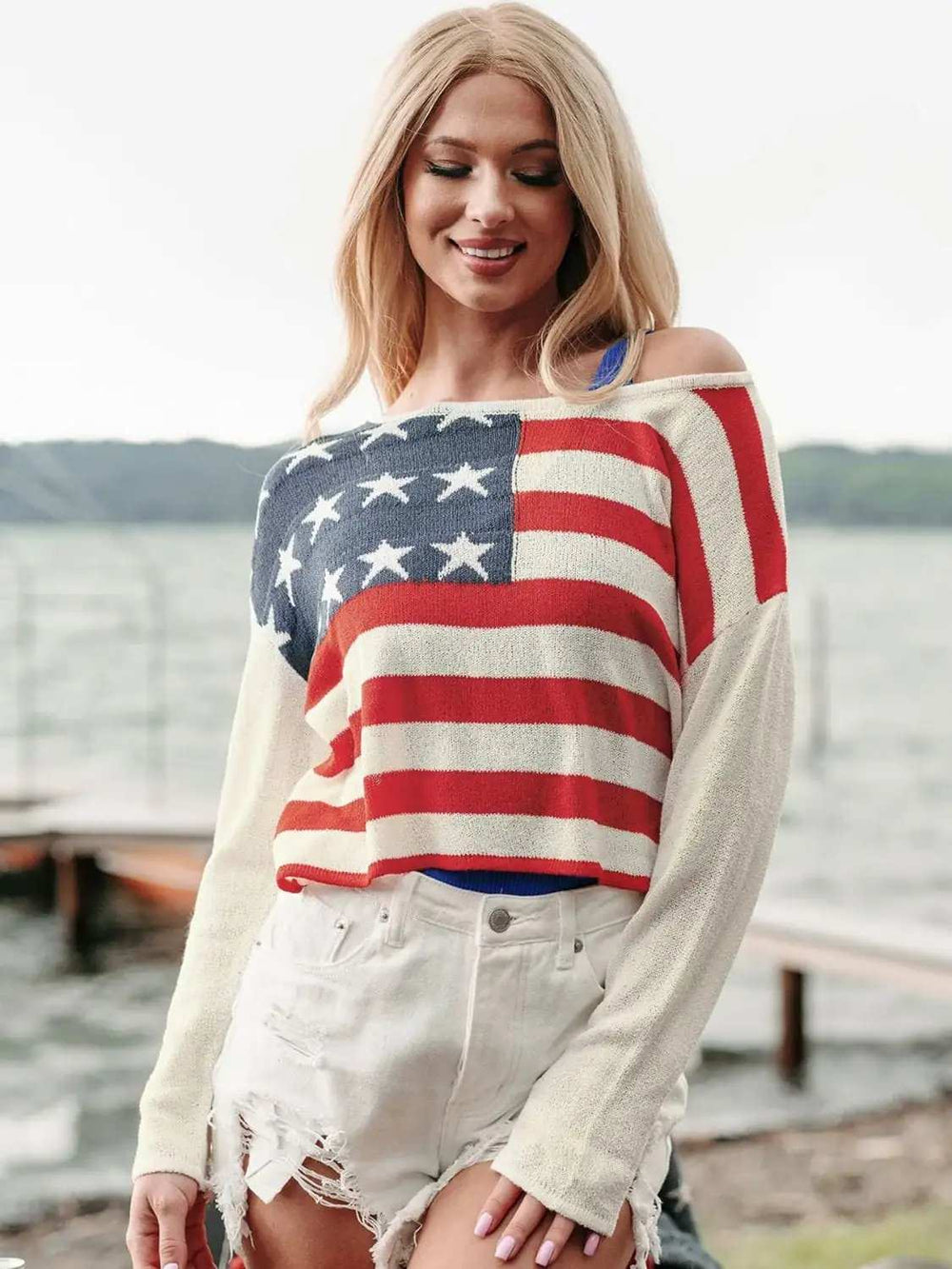 US Flag Boat Neck Long Sleeve Knit Top - Trendsi - Flyclothing LLC