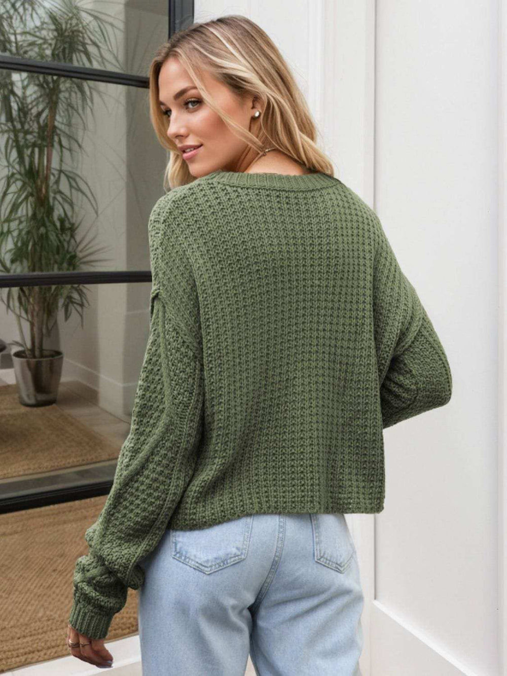 Cable-Knit Round Neck Dropped Shoulder Sweater - Trendsi - Flyclothing LLC