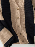 Waffle-Knit V-Neck Striped Long Sleeve Cardigan - Trendsi - Flyclothing LLC