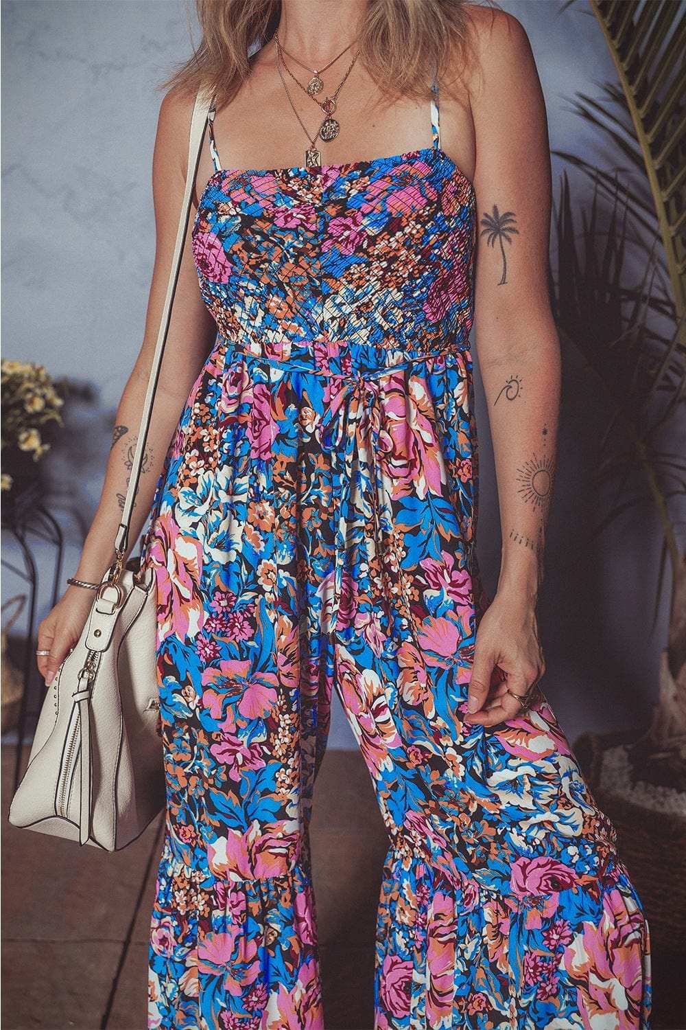 Floral Smocked Spaghetti Straps Wide Leg Jumpsuit - Trendsi - Flyclothing LLC