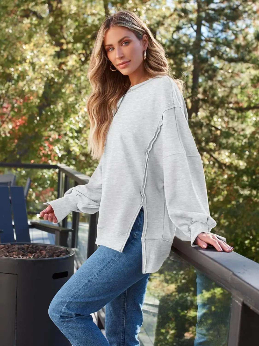 Slit Round Neck Long Sleeve Sweatshirt - Trendsi - Flyclothing LLC