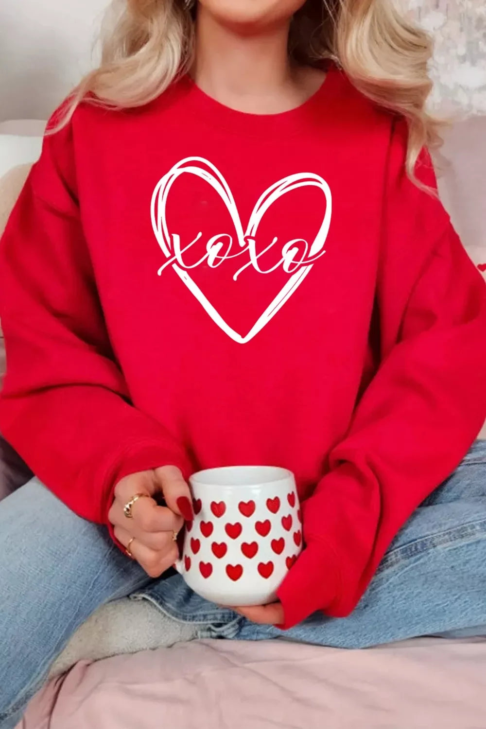 XOXO Valentines Heart Sketch Printed Pullover Sweatshirt - Trendsi - Flyclothing LLC