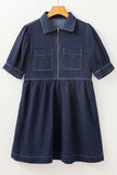 Collared Neck Half Zip Denim Dress - Trendsi - Flyclothing LLC