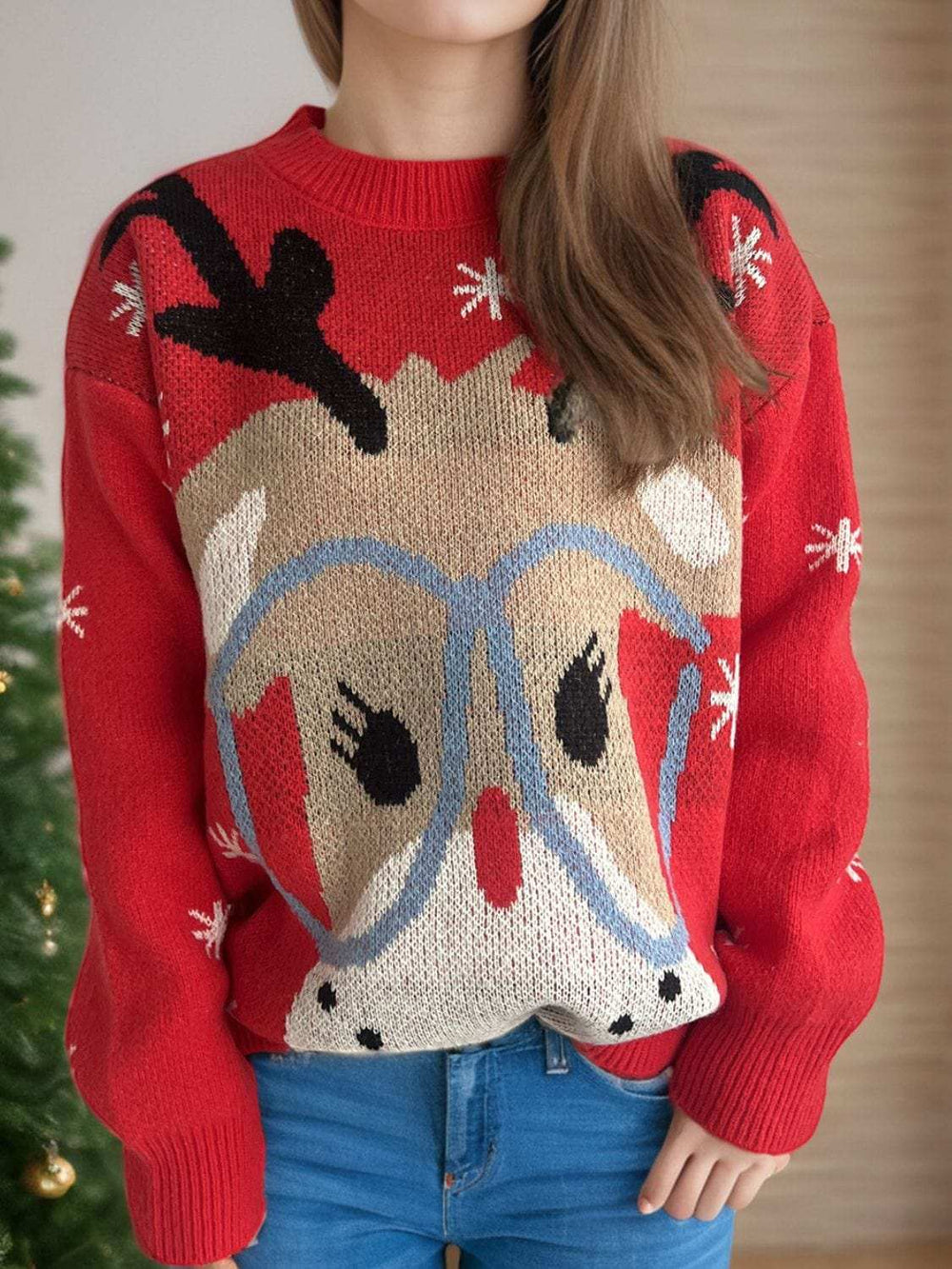Reindeer Round Neck Dropped Shoulder Sweater - Trendsi - Flyclothing LLC