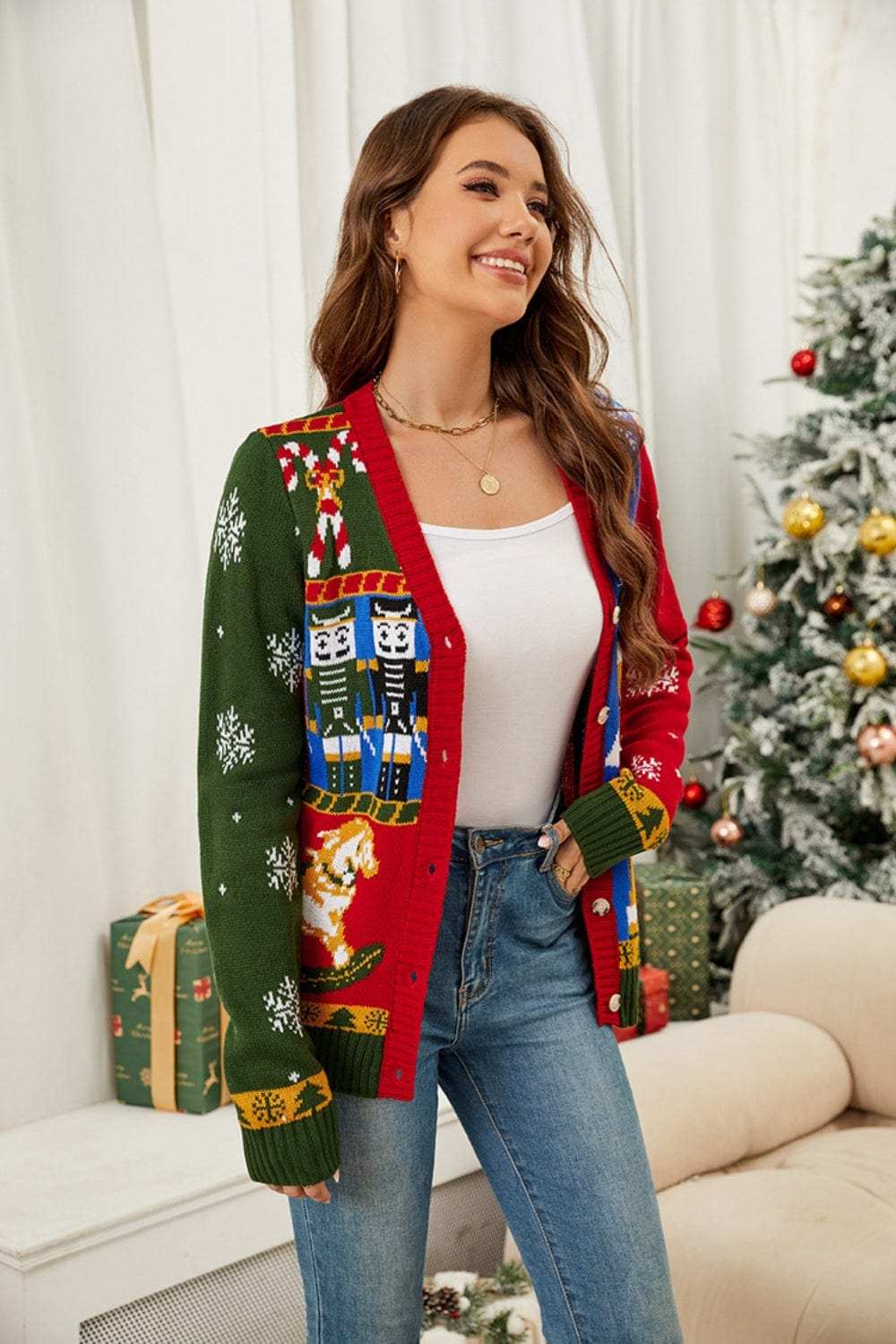 Nutcracker Contrast V-Neck Long Sleeve Cardigan - Trendsi - Flyclothing LLC