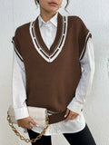 Pearl Trim Contrast V-Neck Sweater Vest - Trendsi - Flyclothing LLC