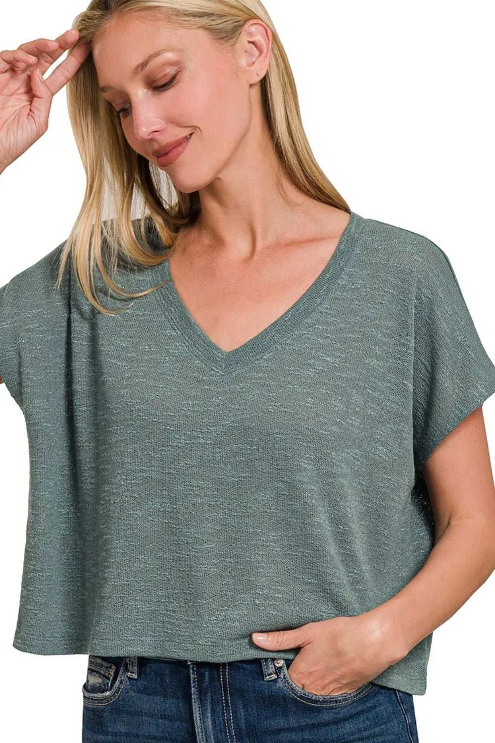 Zenana Hacci Slub V-neck Drop Shoulder Crop Top - Trendsi - Flyclothing LLC