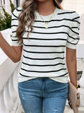 Striped Round Neck Puff Sleeve Knit Top - Trendsi - Flyclothing LLC