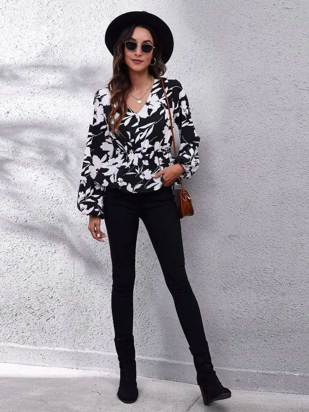 Printed V-Neck Long Sleeve Blouse - Trendsi - Flyclothing LLC