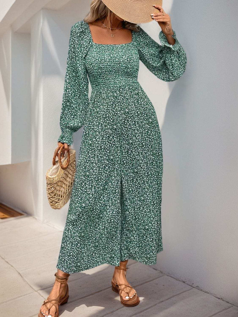 Perfee Smocked Printed Long Sleeve Wide Leg Jumpsuit - Trendsi - Flyclothing LLC