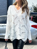 Lace Detail Openwork V-Neck Long Sleeve Sweater - Trendsi - Flyclothing LLC