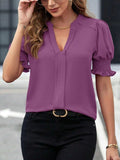 Notched Short Sleeve Blouse - Trendsi - Flyclothing LLC