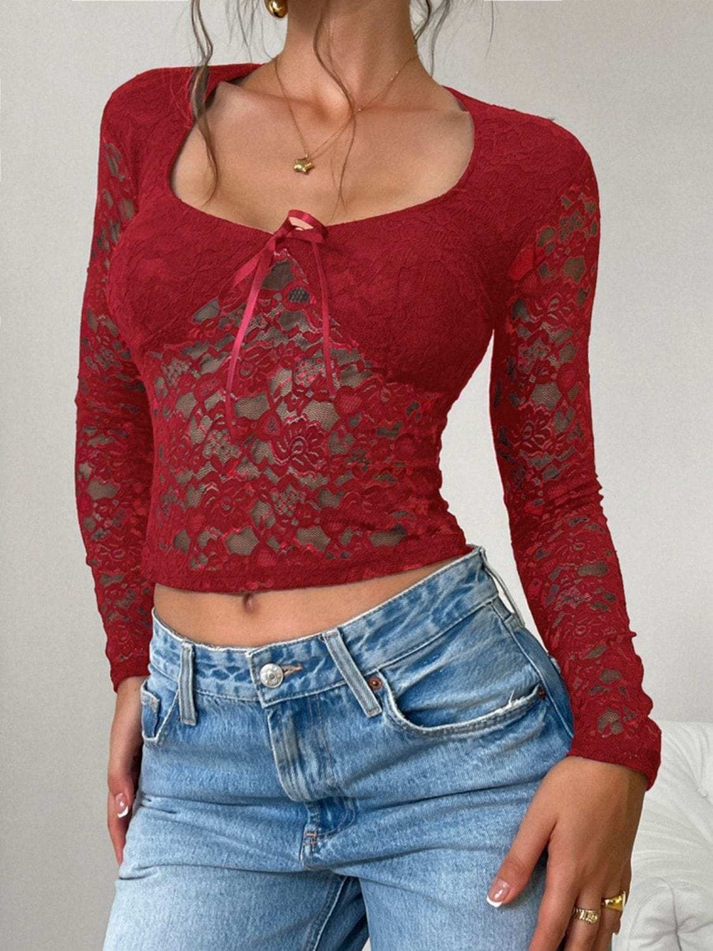 Devine Scoop Neck Long Sleeve Lace Top - Trendsi - Flyclothing LLC