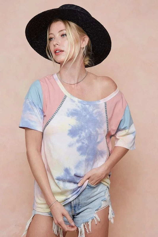 BiBi Tie Dye Printed Cotton Color Block T-Shirt - Trendsi - Flyclothing LLC