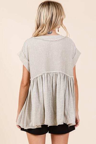 Mittoshop Mixed Media Mineral Wash Babydoll Short Sleeve Blouse - Trendsi - Flyclothing LLC