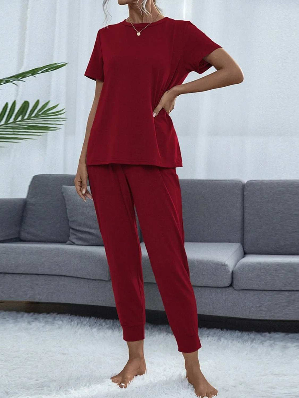 Round Neck Top and Pants Lounge Set - Trendsi - Flyclothing LLC