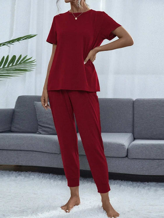 Round Neck Top and Pants Lounge Set - Trendsi - Flyclothing LLC