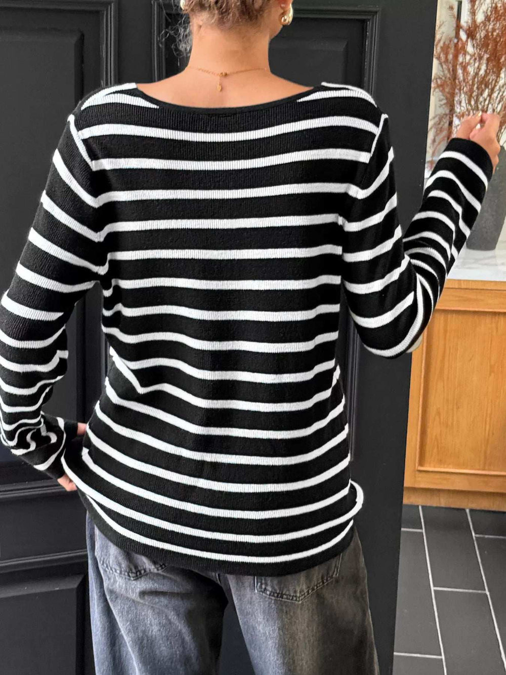 Striped Cross Front Long Sleeve Knit Top - Trendsi - Flyclothing LLC