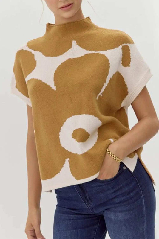 Contrast Flower Mock Neck Short Sleeve Sweater - Trendsi - Flyclothing LLC