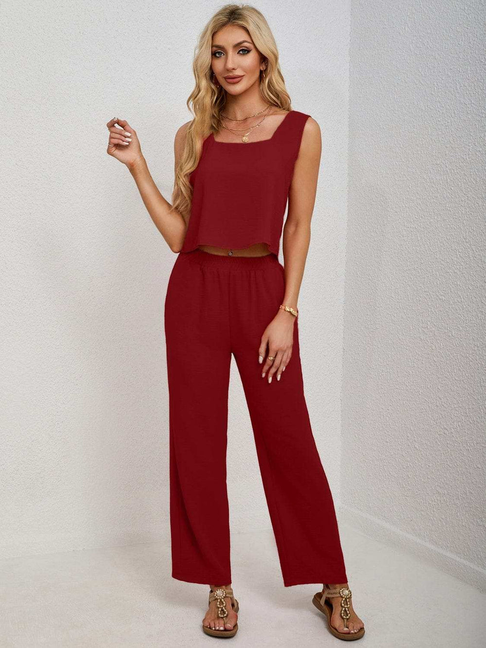 Square Neck Tank and Wide Leg Pants Set - Trendsi - Flyclothing LLC