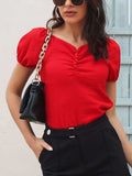 Ruched Decor Button V-Neck Short Sleeve Blouse - Trendsi - Flyclothing LLC