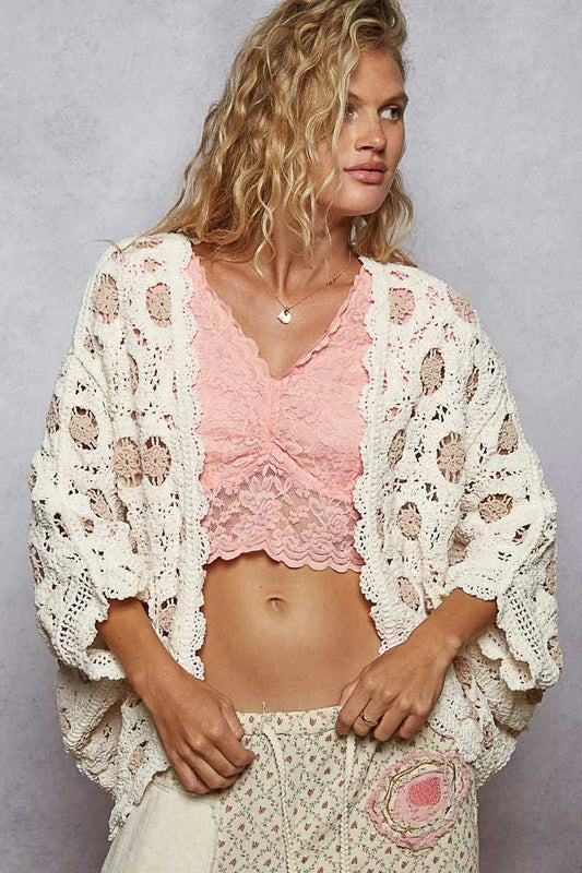 POL Openwork V-Neck Chenille Cardigan with Contrast Floral - Trendsi - Flyclothing LLC
