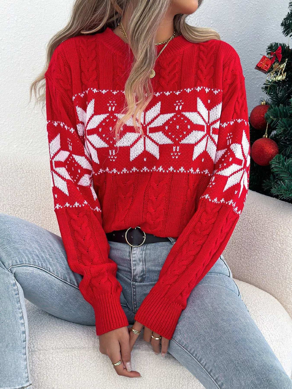 Christmas Snowflake Cable Knit Sweater - Trendsi - Flyclothing LLC