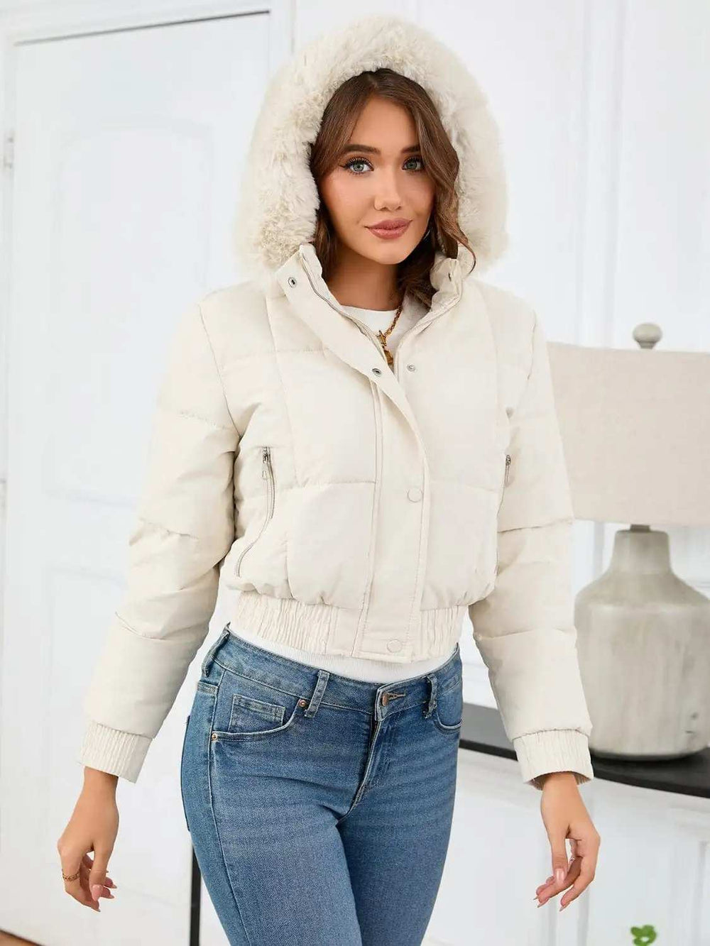 Pocketed Long Sleeve Cropped Hooded Winter Coat - Trendsi - Flyclothing LLC