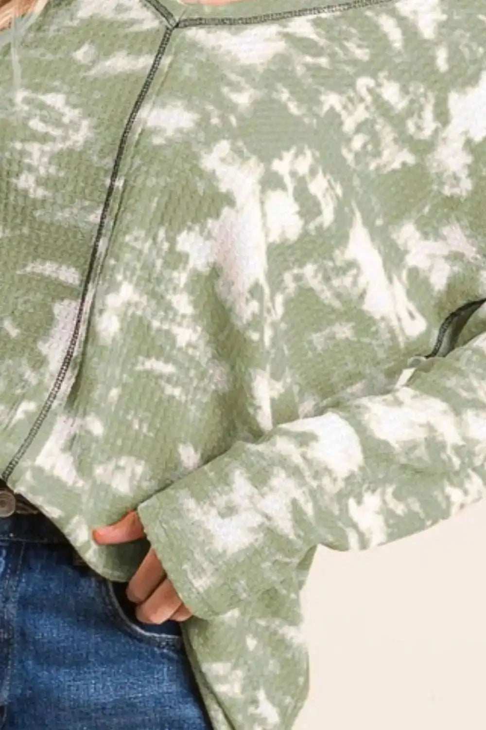 BiBi Tie Dye Print Waffle V Neck Top with Contrast - Trendsi - Flyclothing LLC