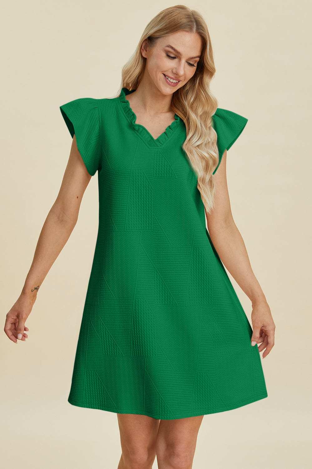 Double Take Full Size Ruffled V-Neck Cap Sleeve Dress - Trendsi - Flyclothing LLC