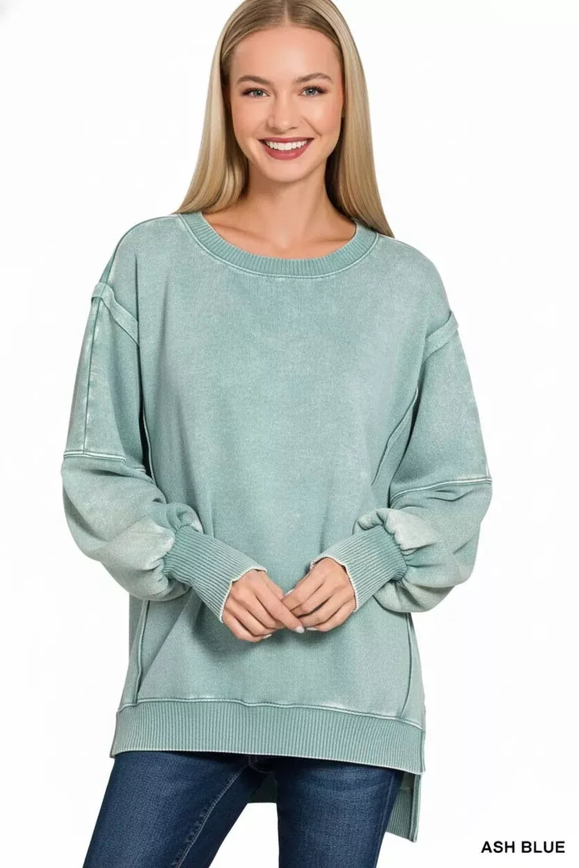 Zenana Acid Washed Batwing Sleeve Fleece Sweatshirt - Trendsi - Flyclothing LLC