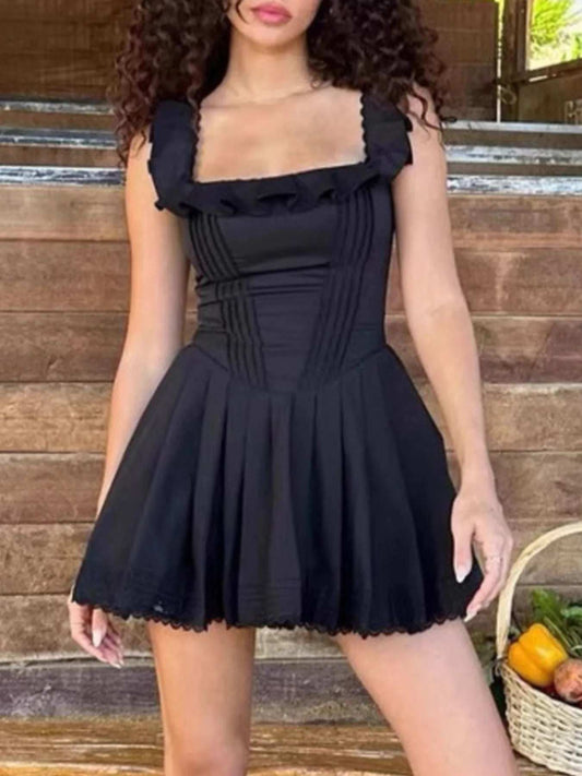 Square Neck Pleated Mini Dress - Trendsi - Flyclothing LLC