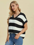 Double Take Full Size Striped V-Neck Short Sleeve Sweater - Trendsi - Flyclothing LLC