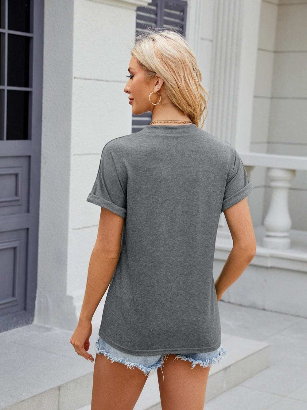 Florira Notched Short Sleeve T-Shirt - Trendsi - Flyclothing LLC